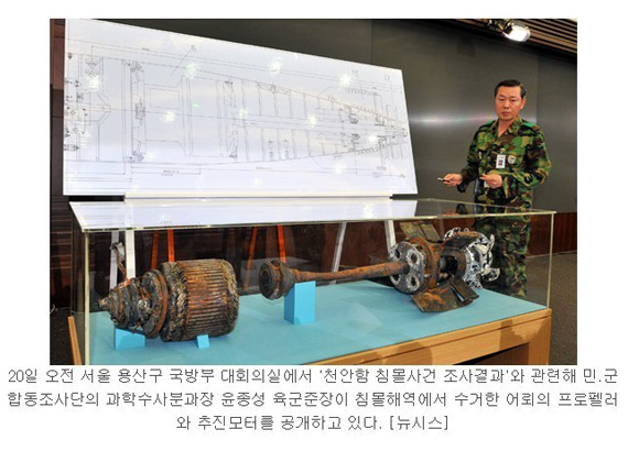 韩国军方展示说明在天安舰附近发现的鱼雷残骸
